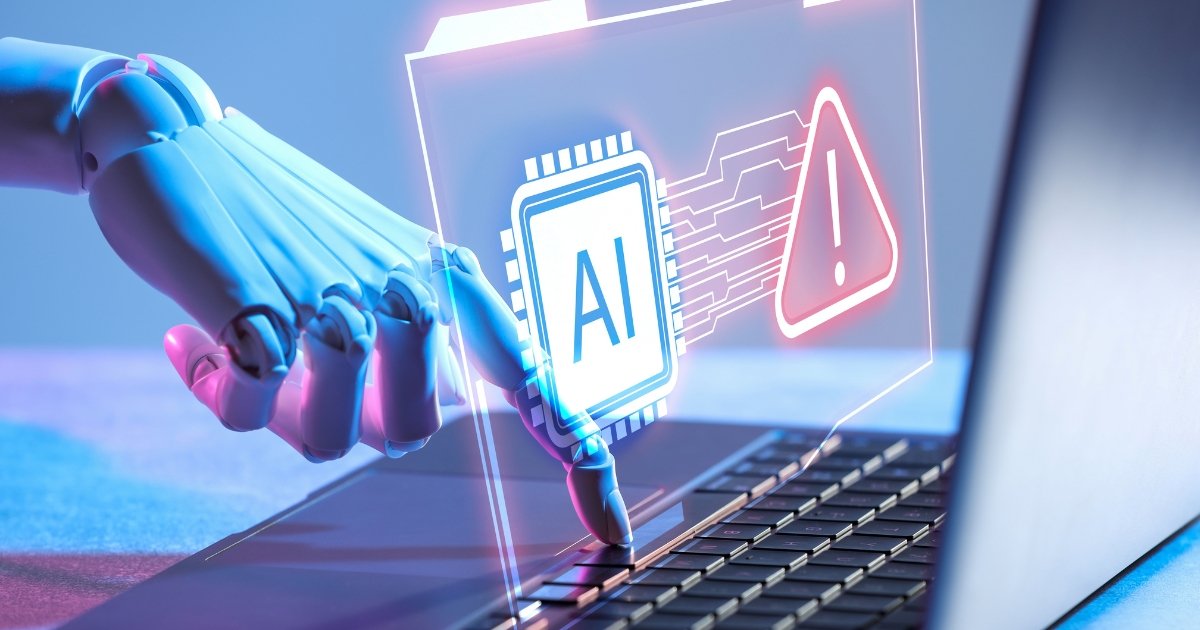 Artificial Intelligence. Robot Hand Using Laptop on Table in Neo